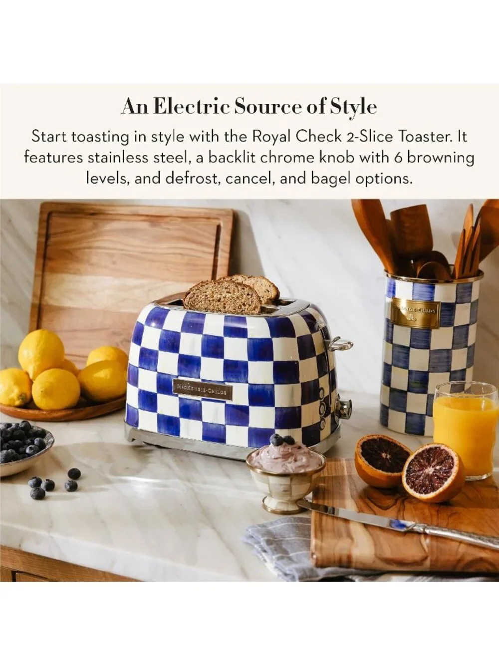 2-Slice Blue-and-White Courtly Check Stainless Steel Decorative Bread Toaster